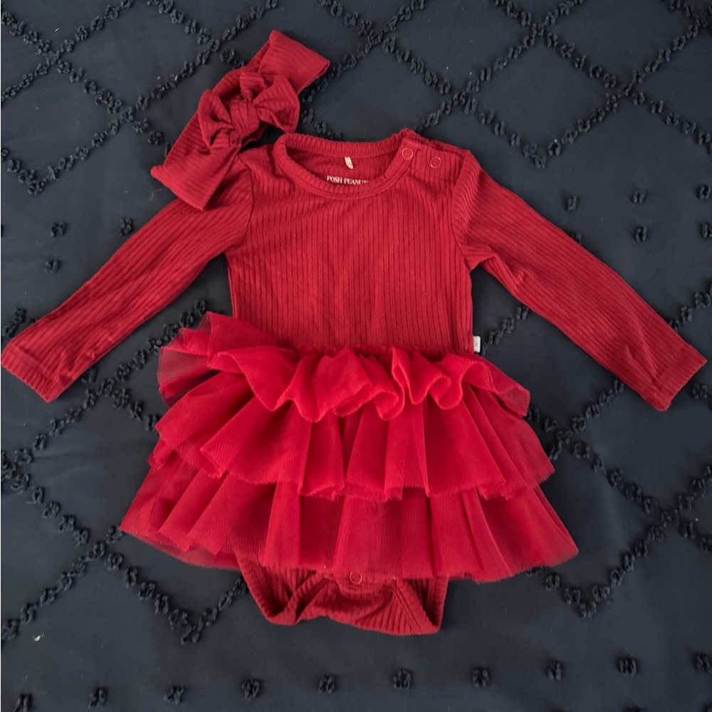 Posh Peanut Red Ruffle Tutu Long Sleeve Bodysuit with Bow Headband